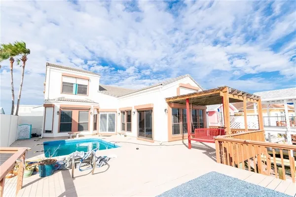 front view of a house with a patio