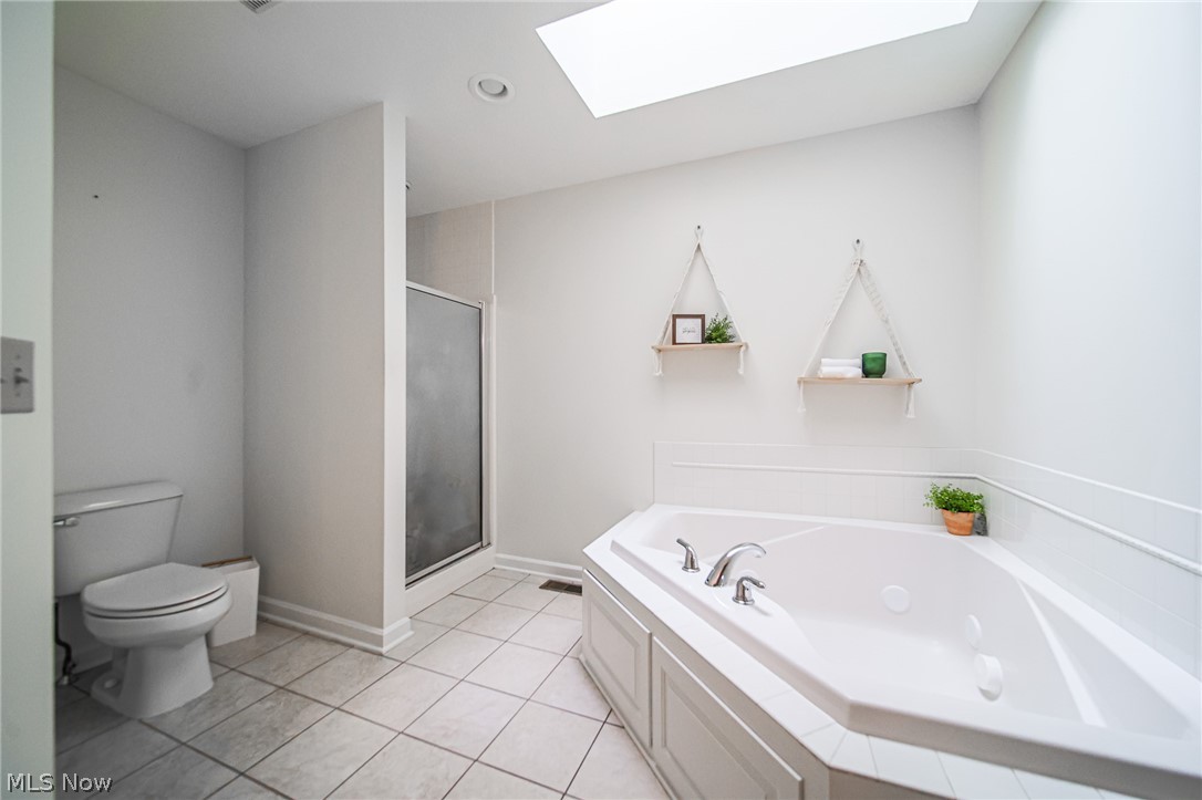 9554 Dover Road Apple Creek, OH 44606 - Photo 23 of 45 Full bath featuring a stall shower, a skylight, a garden tub, light tile patterned floors, and recessed lighting