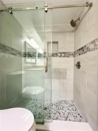 a bathroom with a shower and toilet