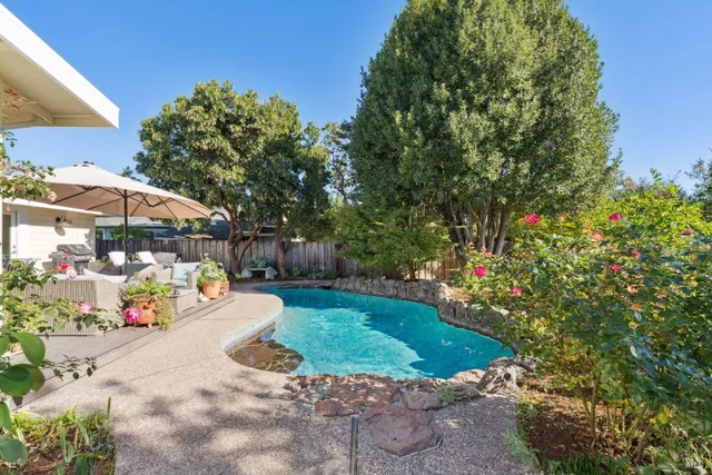 a view of backyard with outdoor seating and trees