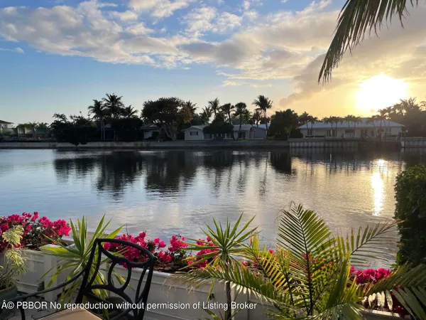 a lake view with couple of potted plants