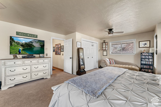6407 North Dry Frk Cyn Road West Vernal, UT 84078 - Photo 31 of 48 Bedroom with light colored carpet, a closet, a textured ceiling, and a ceiling fan