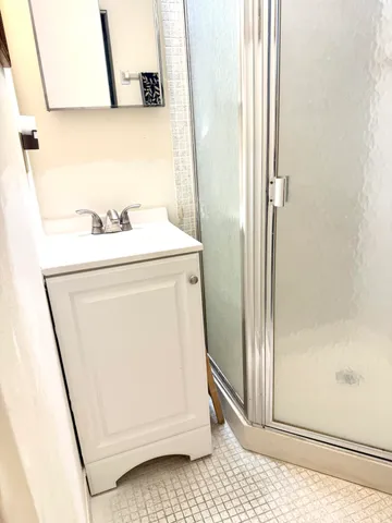 a bathroom with a shower and a sink