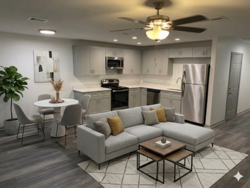 8113 Corinth Street, Unit B Houston, TX 77051 - Photo 4 of 15 a living room with furniture kitchen and a chandelier