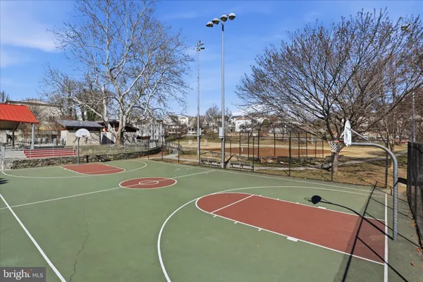a view of a tennis ground with large trees