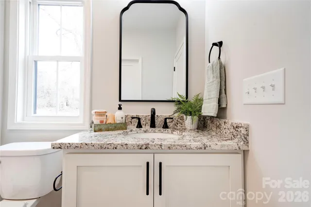 a bathroom with a granite countertop sink a toilet and a mirror