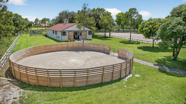 a view of a park with large trees