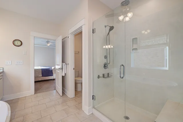 a bathroom with a shower and a toilet