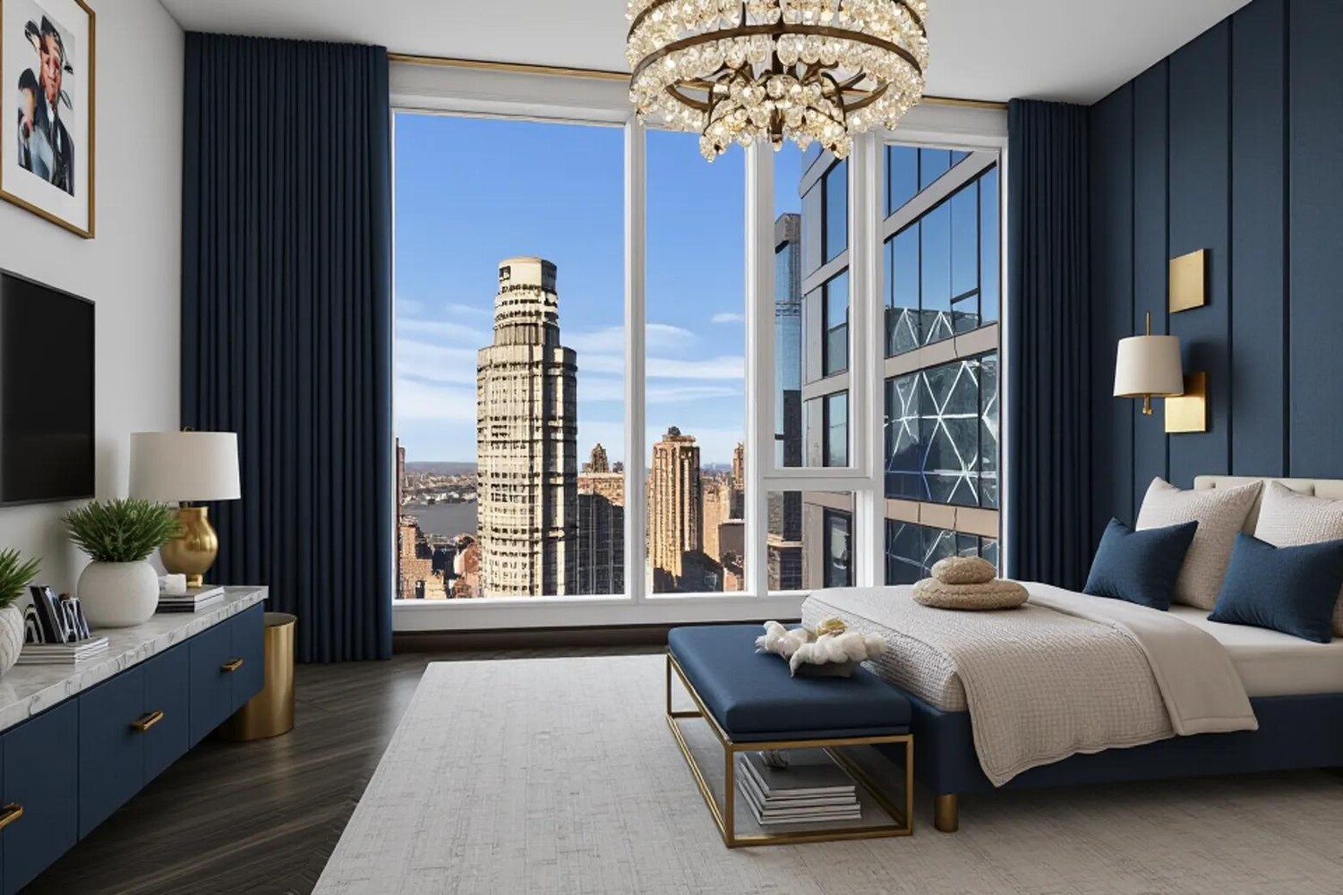 217 West 57th Street, Unit 43D Manhattan, NY 10019 - Photo 2 of 24 a spacious bedroom with a bed and a chandelier