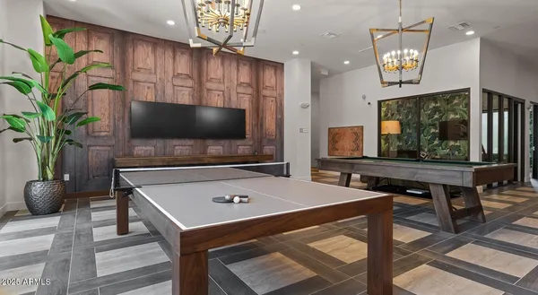 a view of a dining room with furniture