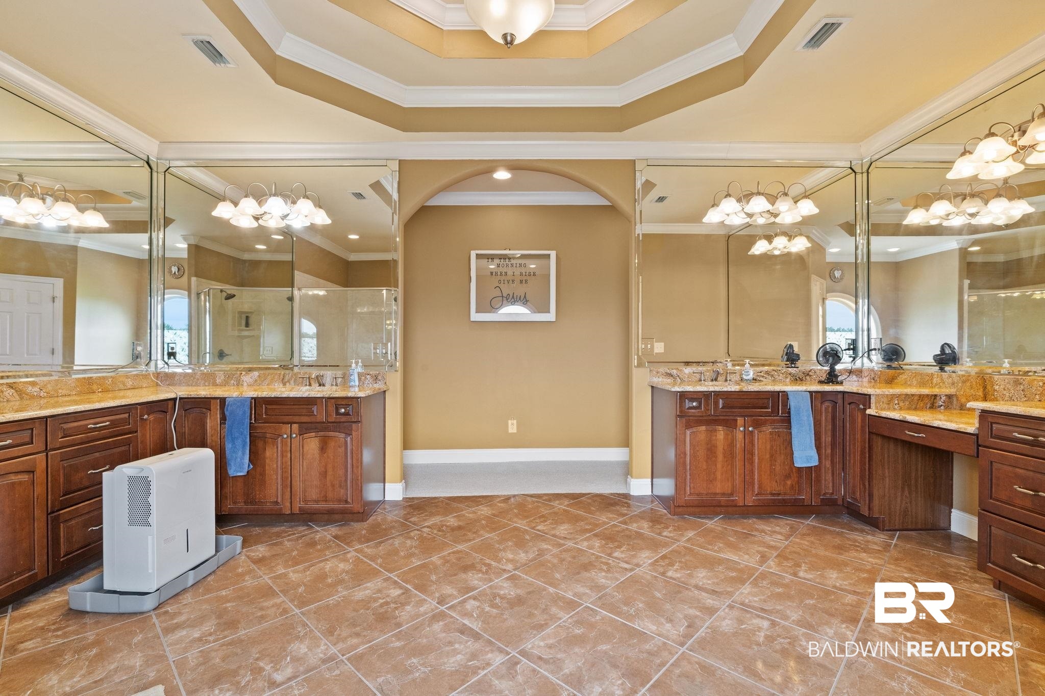 9790 Stucki Road Elberta, AL 36530 - Photo 67 of 72 Bathroom featuring ornamental molding, a stall shower, vanity, a raised ceiling, and tile patterned floors