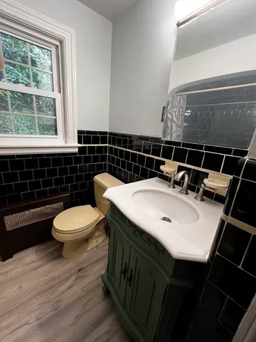 a bathroom with a sink mirror vanity and toilet