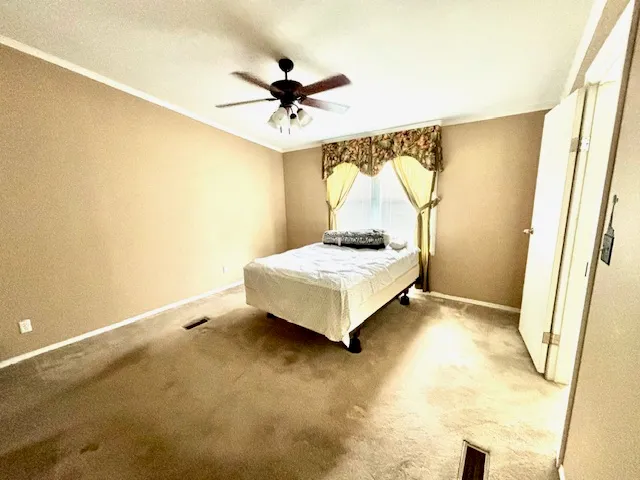 a living room with a couch and a ceiling fan