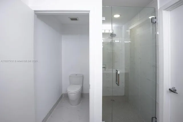 a bathroom with a shower and a toilet