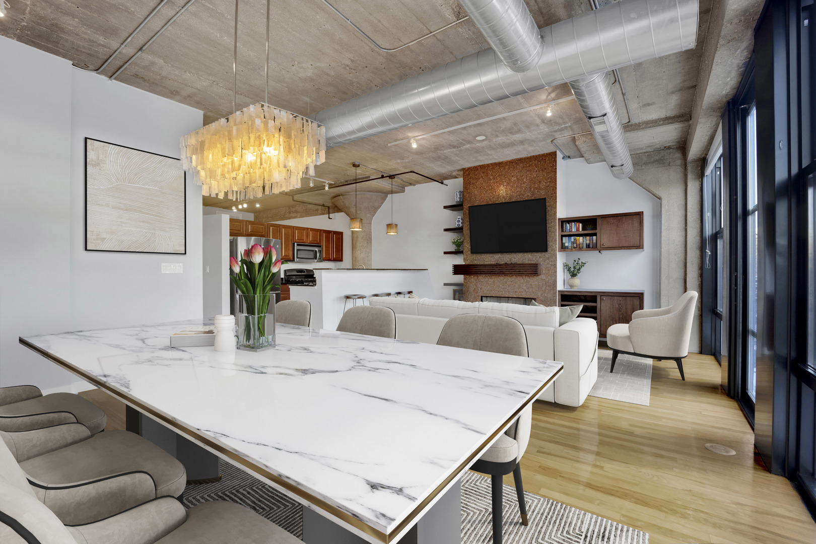 1111 West 15th Street, Unit 224 Chicago, IL 60608 - Photo 10 of 71 a view of a dining room with furniture a chandelier and wooden floor