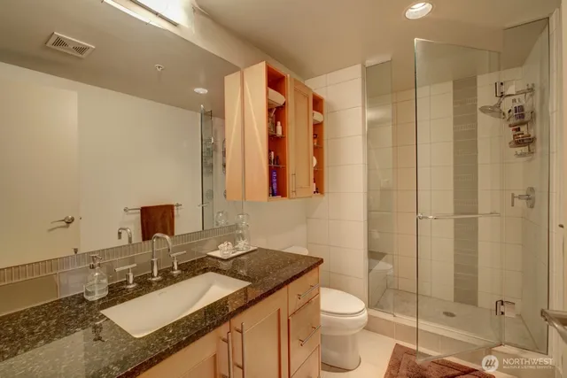 a bathroom with a granite countertop sink toilet and shower