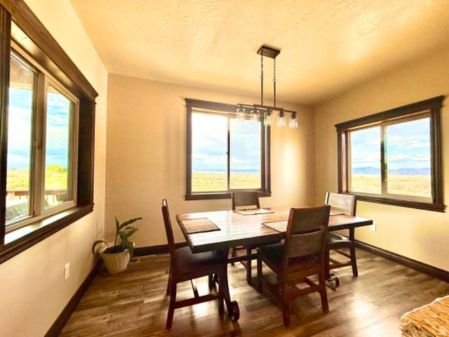 2101 Goose Ranch Road Vernal, UT 84078 - Photo 20 of 72 Dining area featuring multiple windows, wood-finish flooring, and a linear pendant light fixture