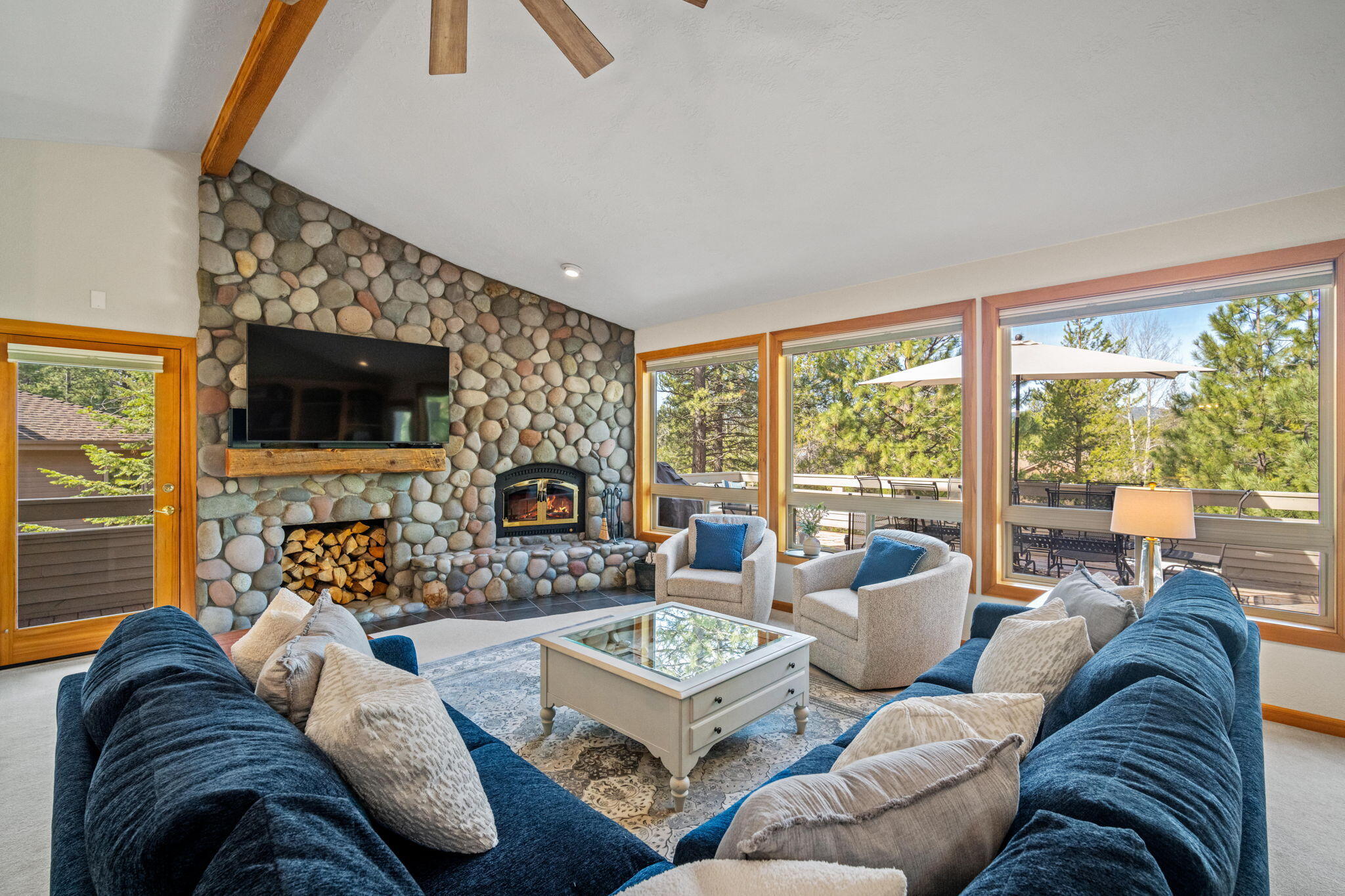 17948 Shadow Lane, Unit 7 Sunriver, OR 97707 - Photo 12 of 92 a living room with fireplace furniture and a flat screen tv