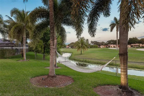 a view of a park with palm trees
