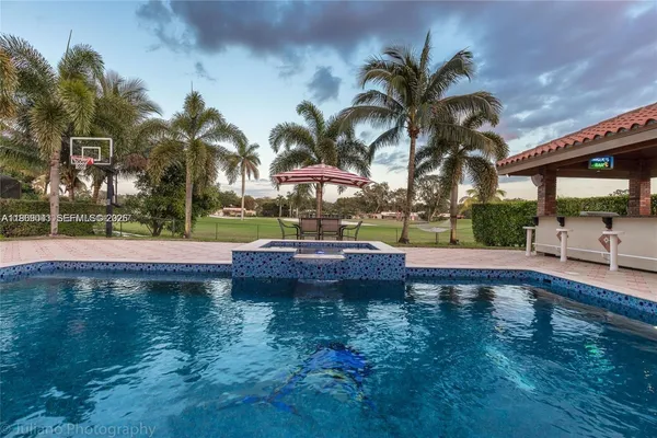 a view of swimming pool and a yard