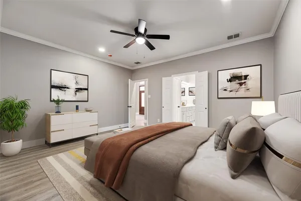 a spacious bedroom with a bed and wooden floor