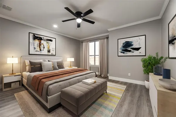 a spacious bedroom with a large bed and a painting on the wall