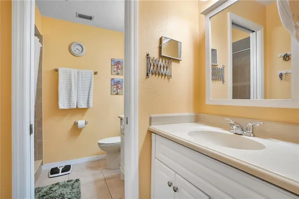 a bathroom with a sink a toilet and shower curtain