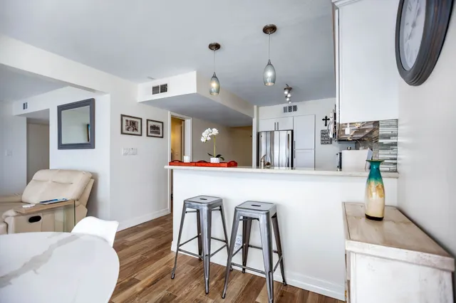 a view of a kitchen from a window