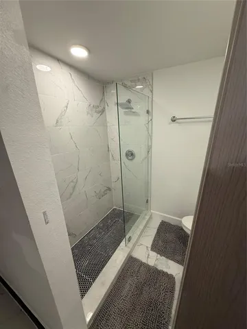 a bathroom with a shower and toilet