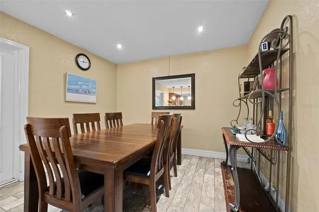 a view of a dining room with furniture