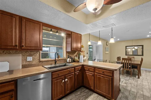 a kitchen with lots of counter top space