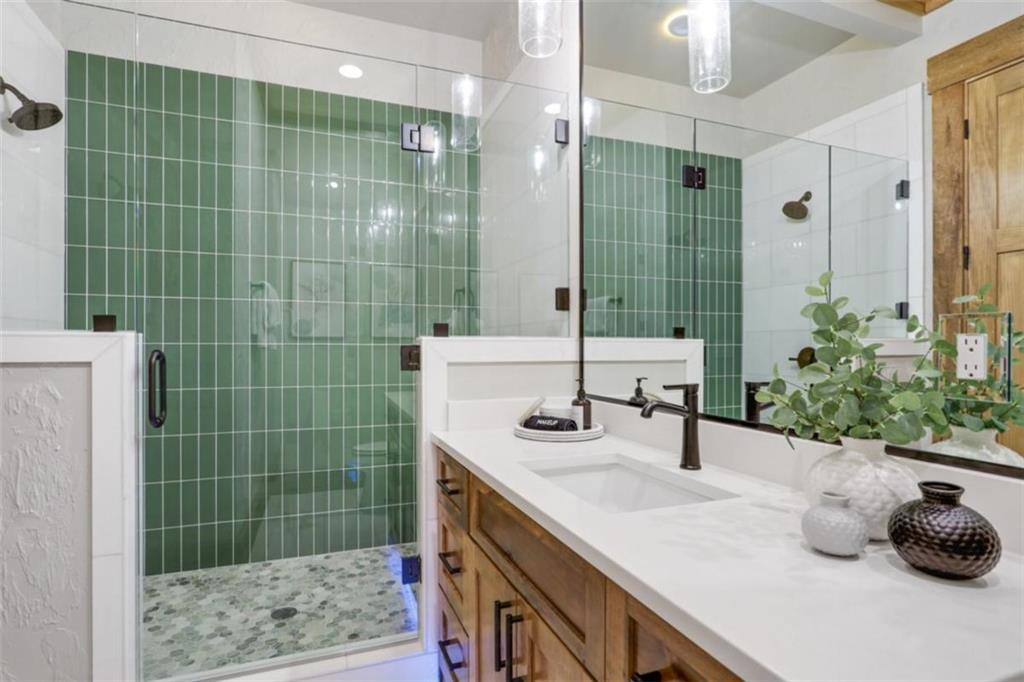 226 Round Top Road Mineral Bluff, GA 30559 - Photo 32 of 78 a bathroom with a granite countertop sink a potted plant and a shower