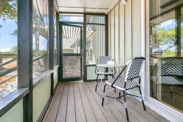 a view of a yard with plants and trees