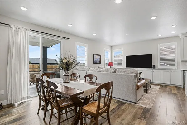 a view of a dining room with furniture window and wooden floor