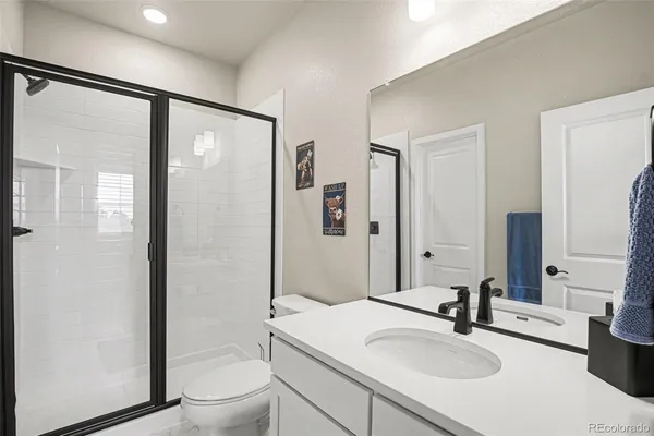 a bathroom with a sink a toilet and shower a mirror
