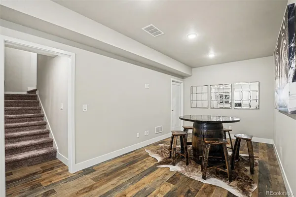 a view of a dining room with furniture