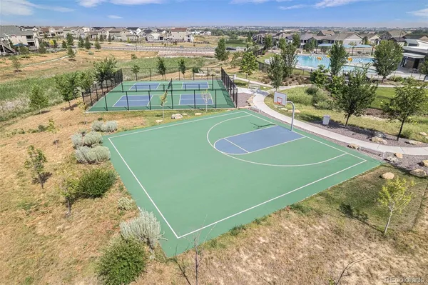 a view of a tennis ground with large trees