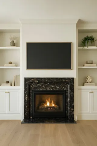 a view of an empty room with window and fireplace