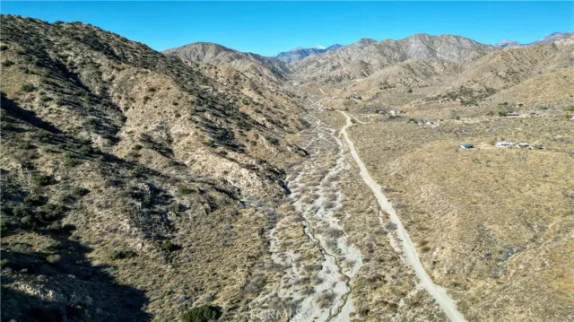 a view of a dry yard with mountains in the background