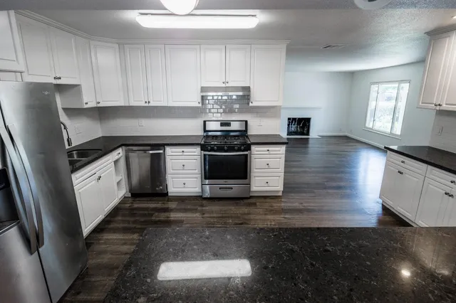 a kitchen with stainless steel appliances granite countertop a stove a sink and a refrigerator
