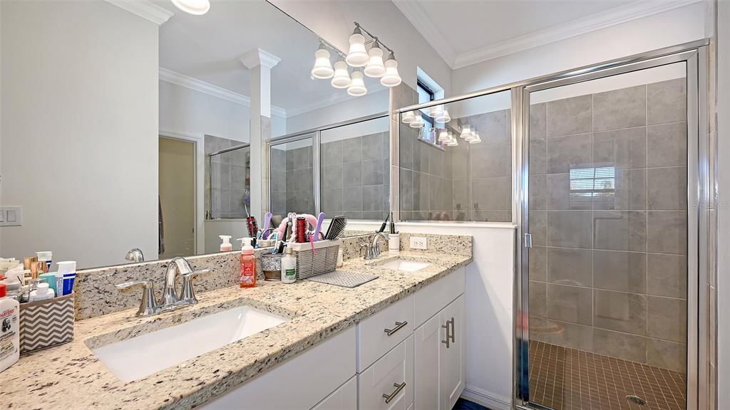 19625 Fishhawk Trail Venice, FL 34293 - Photo 15 of 38 a bathroom with a granite countertop sink a mirror and a shower