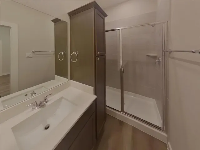 a bathroom with a shower sink and mirror