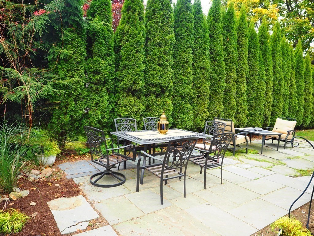 9 York Road Newton, MA 02468 - Photo 33 of 41 a backyard with table and chairs with potted plants and large trees