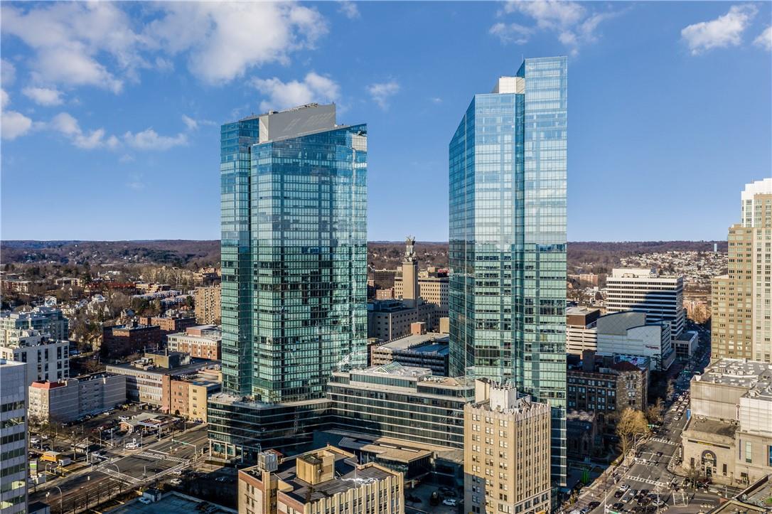 a city view with tall buildings