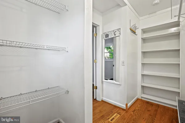 a view of walk in closet with empty racks
