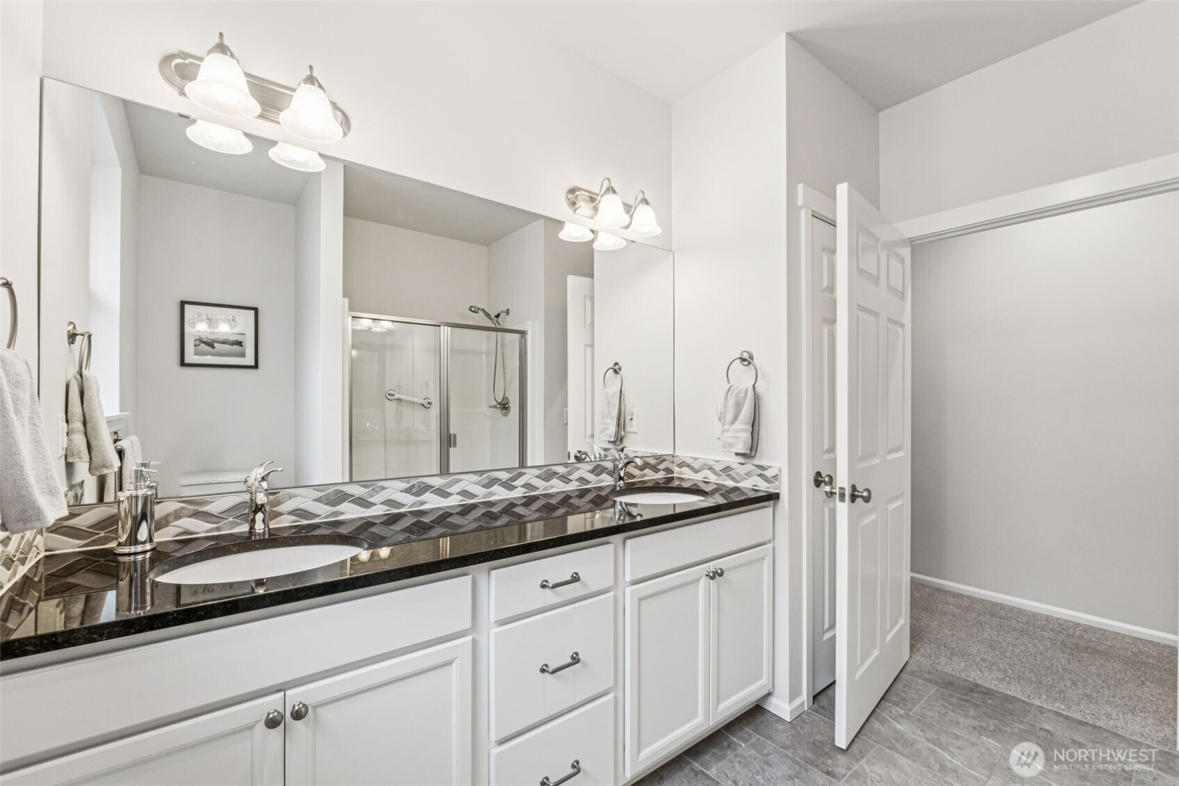 1028 Alpine View Drive Mount Vernon, WA 98274 - Photo 16 of 27 a bathroom with a sink a mirror and a shower