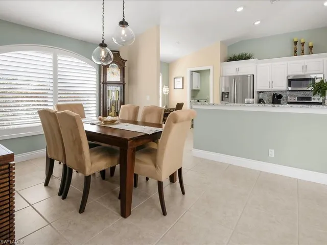 a view of a dining room with furniture and window