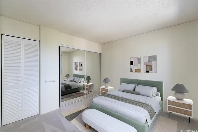 a bedroom with a bed and furniture