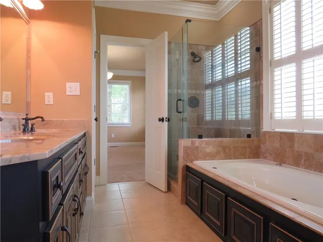 a spacious bathroom with a granite countertop sink and a bathtub