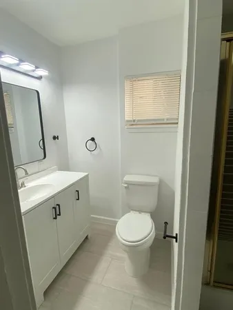 a bathroom with a toilet sink vanity and mirror